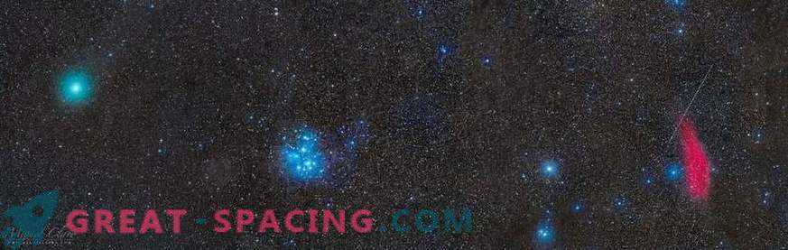 Cometa, meteoro, nebulosa e Plêiades em uma foto épica